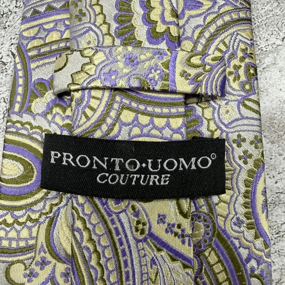 PRONTO-UOMO COUTURE‎ Silk Tie Mens One Size Gold Purple Paisley Pointed Necktie